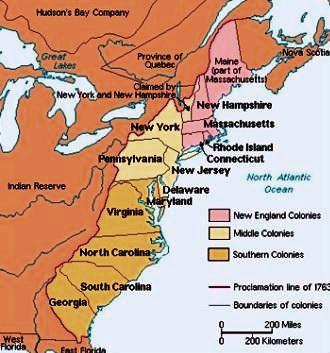 This is a map of the 13 colonies with color-coded divisions for New England, Middle and Southern Colonies.