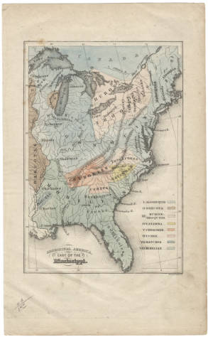 Color-coded map of the territories of native peoples of the eastern United States as they were circa 1585. 