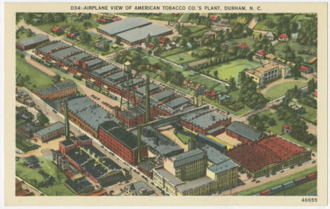 Aerial view of the American Tobacco factory campus in Durham, N.C., from a postcard. From the NC Postcard Collecction, UNC-Chapel Hill.