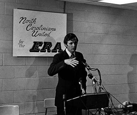 Alan Alda speaks to North Carolinians United for ERA at North Carolina State University in the 1970s.