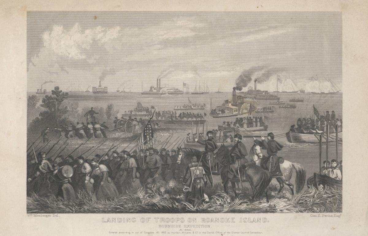 The Burnside Expedition -- arrival of the naval and military expedition to North Carolina, under Commodore Goldsborough and General Burnside, at Hatteras Inlet, N.C., Jan. 17, 1862.