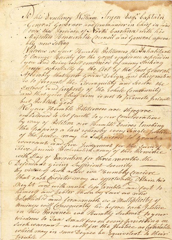 Image of the handwritten petition of Orange County from 1768