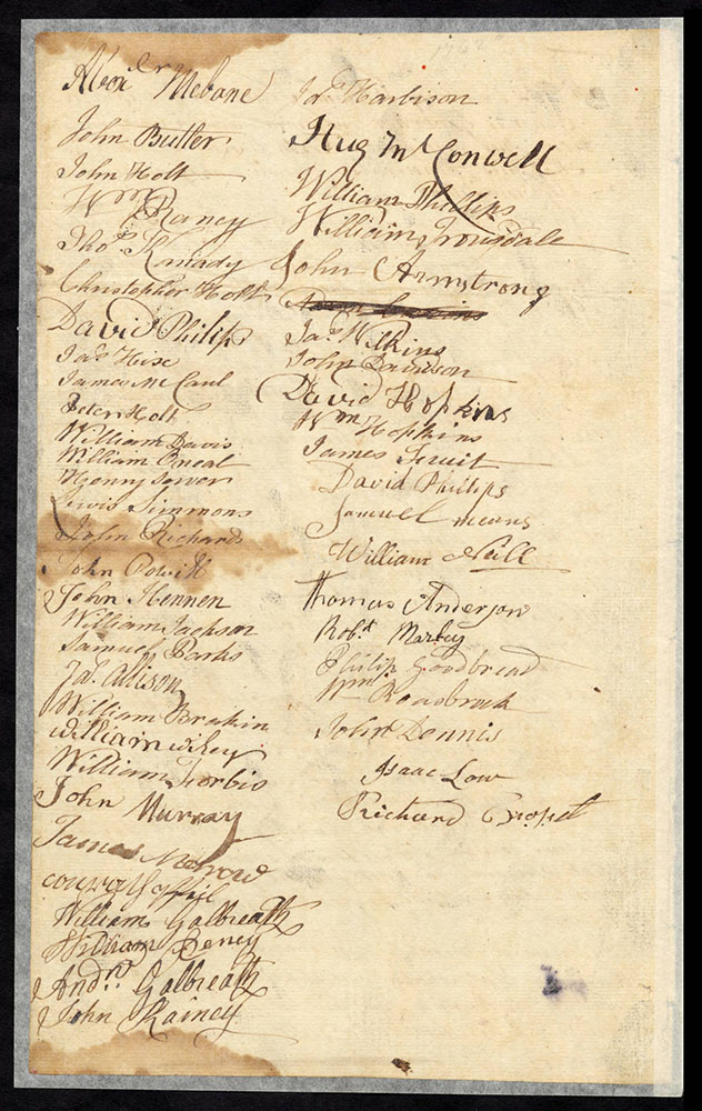 Signature page of the original Petition of Orange County, 1768. From the Colonial Governors' Papers at the State Archives of North Carolina.