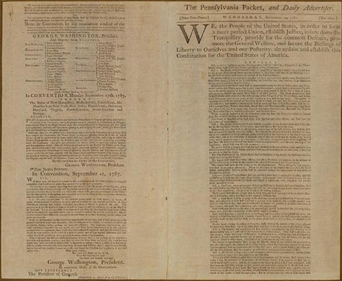 An image of the first printing of the Constitution of the United States, printed on September 19, 1787 in The Pennsylvania Packet and Daily Advertiser. The National Constitution Center houses this rare, original.