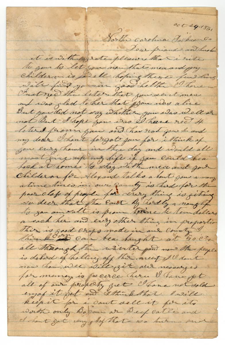 This is page one of a letter from Elizabeth Watson to her husband, James Watson during the Civil War.