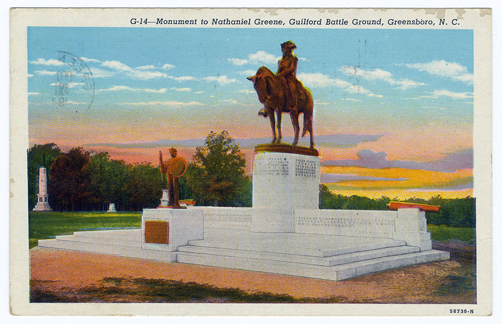 Postcard image of the Monument to Nathaniel Greene at Guilford Battleground in Greensboro, N.C.  The March 1781 battle was one of the most significant fought in N.C. and occurred near the end of the war. Although General Greene's Patriot forces lost, they severely weakened the British forces under Cornwallis, leading to Cornwallis's surrender at Yorktown later that year.