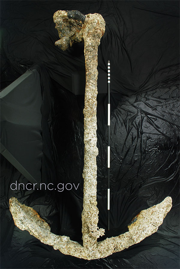 Anchor No. 1 from the shipwreck of the Queen Anne's Revenge (QAR) was recovered by archaeologists in May 2011. The QAR was the ship of the notorious Blackbeard.