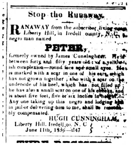 Ad advertising a reward for a runaway slave -- Peter -- published in the June 11, 1836 edition of the Carolina Watchman.