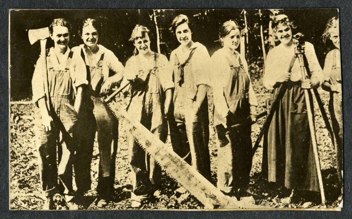 Photograph showing the Carpenterettes, a student group at the North Carolina State Normal and Industrial College (now The University of North Carolina at Greensboro) during World War I.