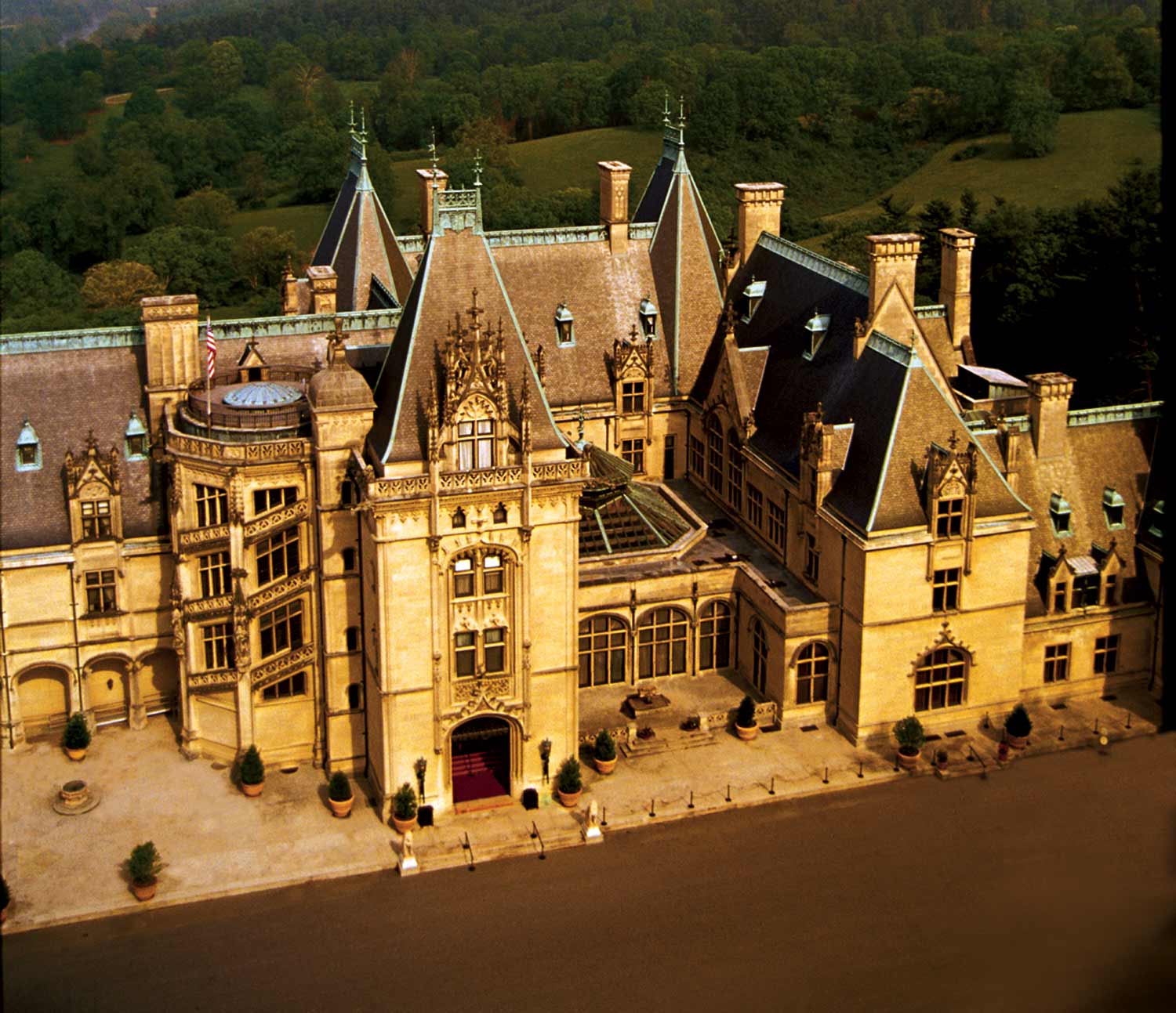 An aerial view of the extensive and extravagant Biltmore Mansion