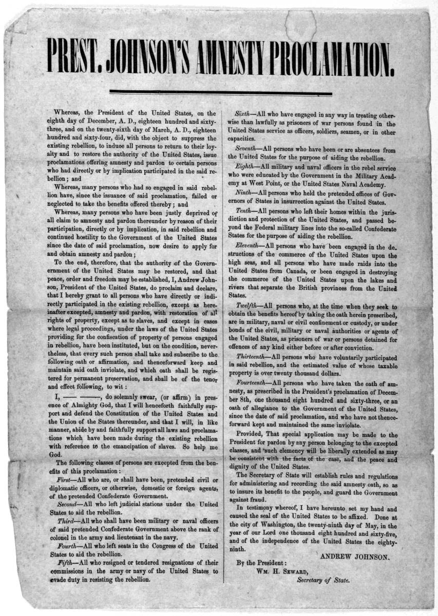 An 1865 printing of President Johnson's amnesty proclamation