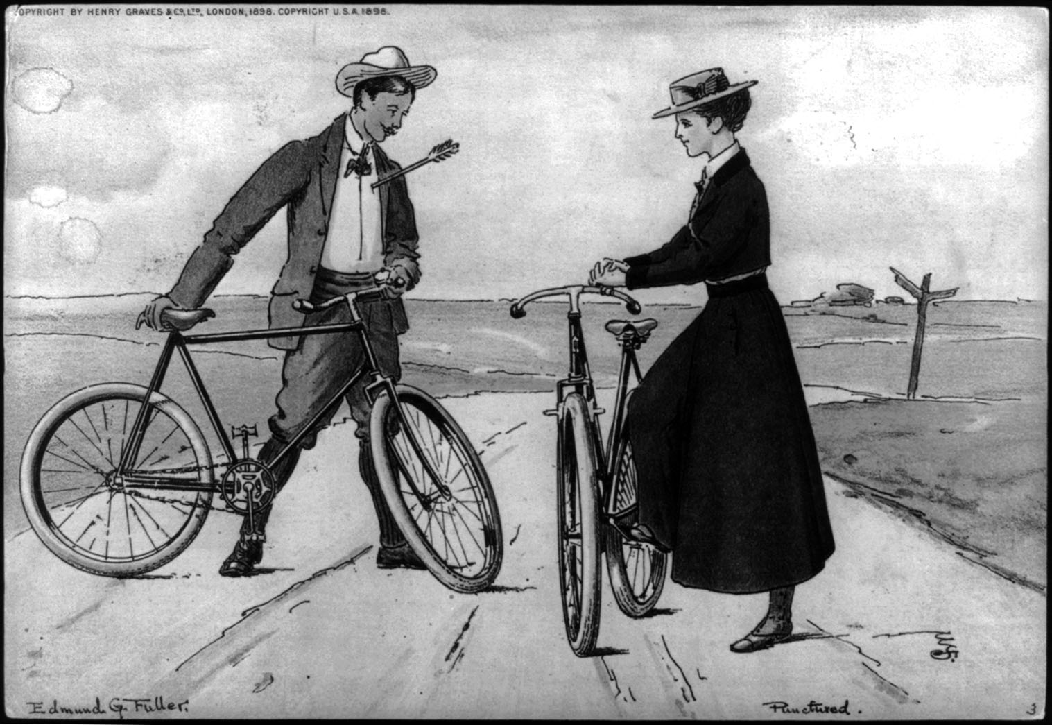 Illustration titled "Punctured" shows a man with arrow in chest, on a road holding a bicycle, facing a woman with a bicycle.