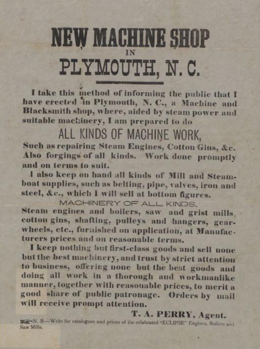 A broadside advertising a new machine shop in Plymouth, North Carolina, published sometime in the 1880s.