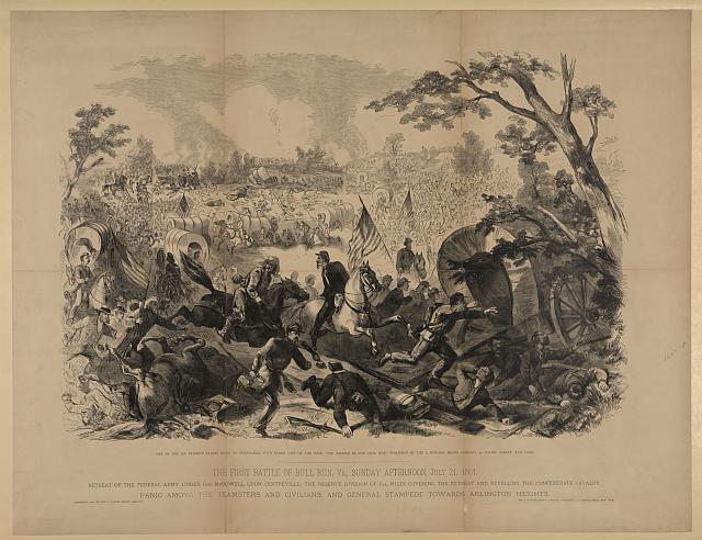 This print illustrates the first Battle of Bull Run, Va., Sunday afternoon, July 21, 1861.