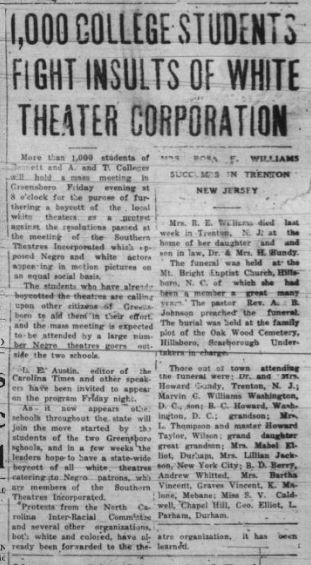 Image of a newspaper article from January 15, 1938 from the Carolina Times newspaper in Durham, NC, with the title: 1,000 college students fight insults of white theater corporation.