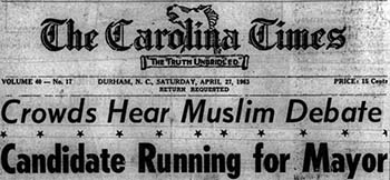 Image of the Masthead and front page article for the Carolina Times newspaper from April 27, 1963.