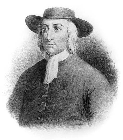 Engraving of George Fox, the founder of the Society of Friends, also known as the Quakers.