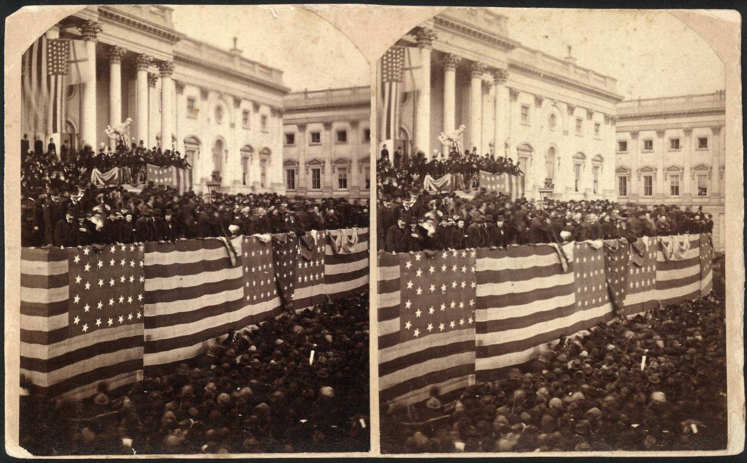 Stereograph photo shows Chief Justice Morrison R. Waite administers the oath of office to Rutherford B. Hayes on a flag-draped inaugural stand on the east portico of the U.S. Capitol, March 4, 1877.