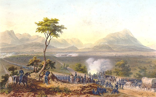 Lithograph depicting U.S. troops marching on Monterrey.