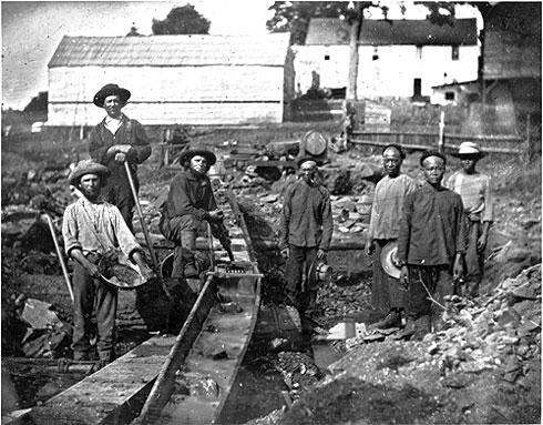 Black and white photograph of miners from the California Gold Rush.