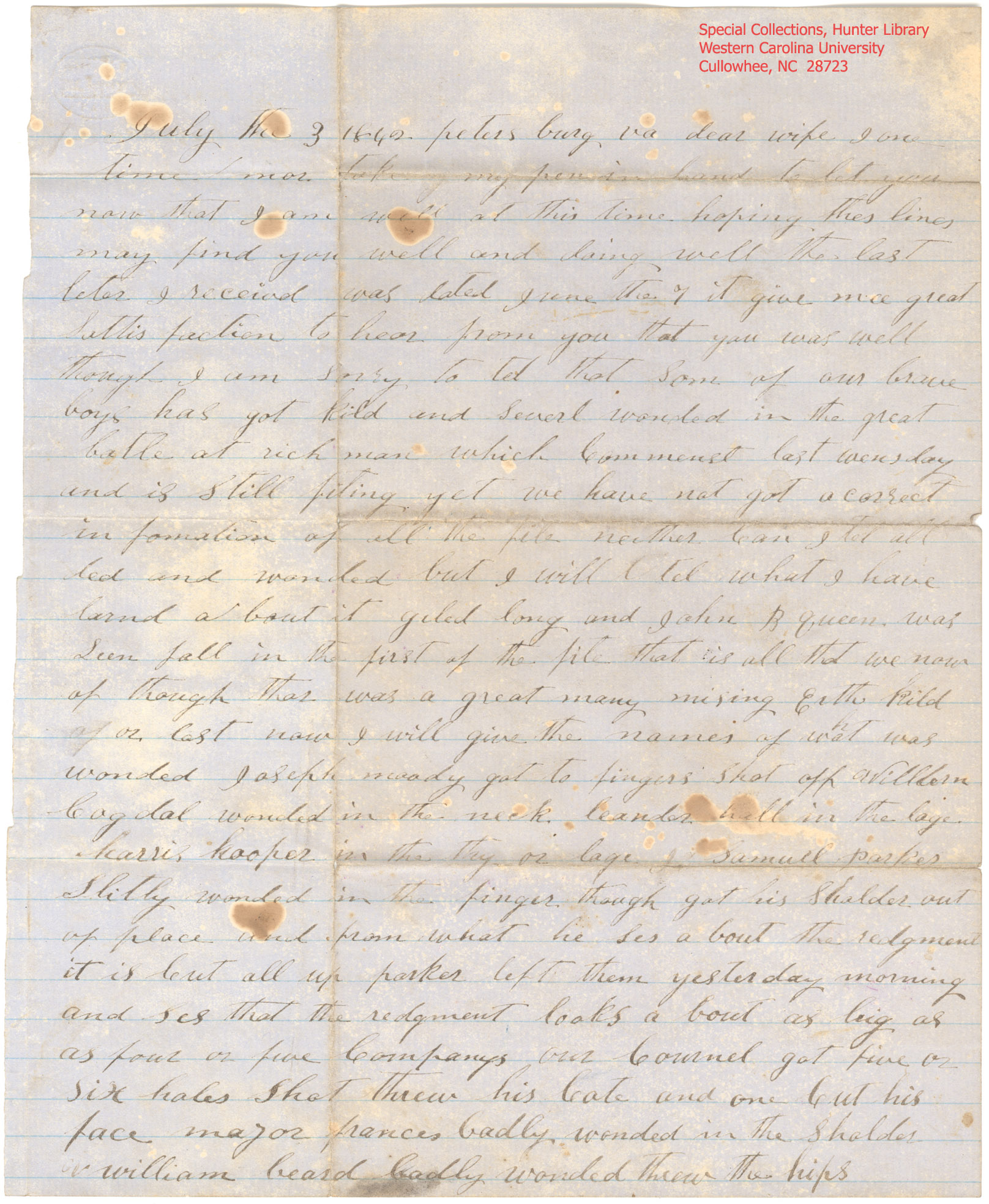 Page 1 of letter from MW Parris to Jane Parris