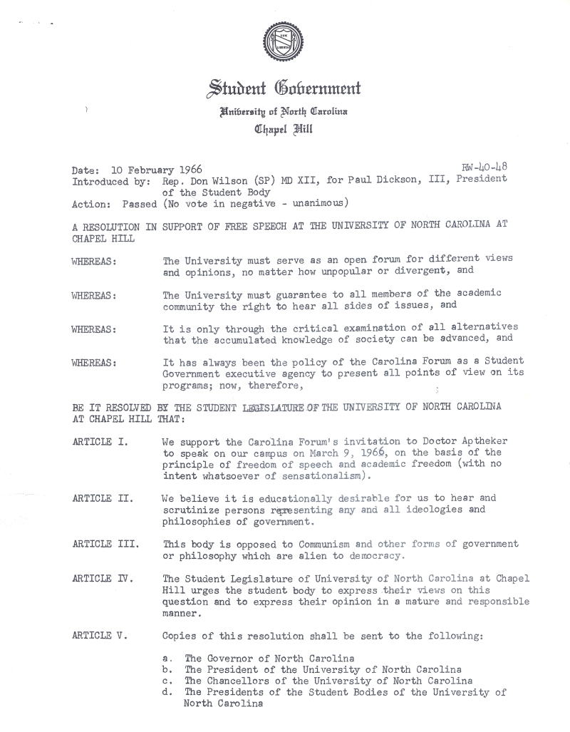 This is an image of a Resolution in Support of Free Speech at the University of North Carolina at Chapel Hill, 1966.