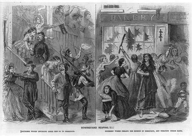 Before and after pictures of "Southern women hounding their men on to rebellion" and "...feeling the effects of rebellion and creating bread riots".