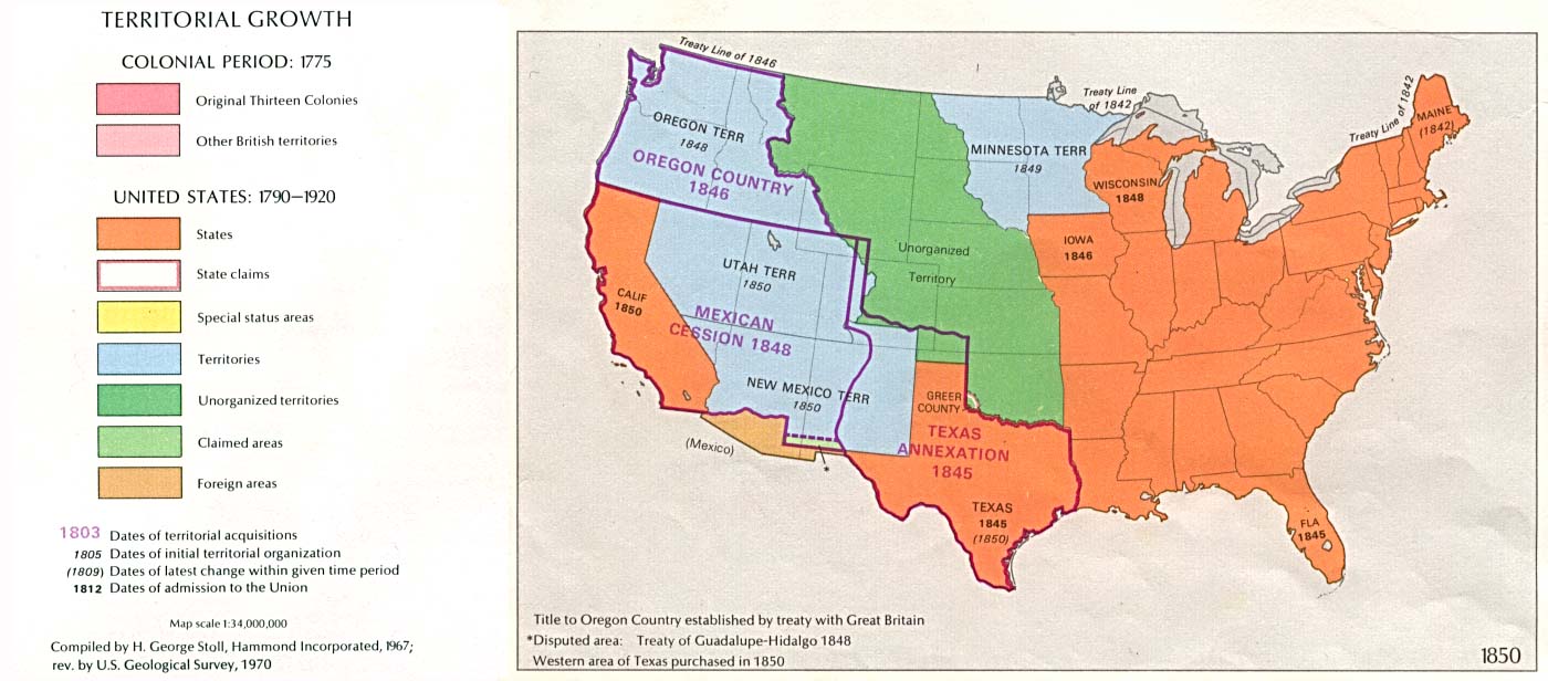 Map of U.S. territorial growth up to 1850.