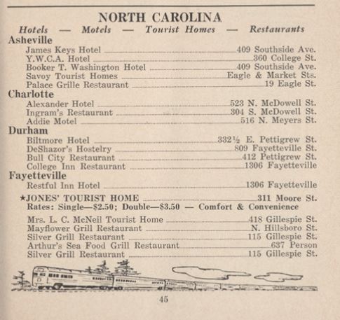 Image of the first page of the North Carolina listing for the 1956 edition of The Green Book (p. 45). From the collection of the New York Public Library.