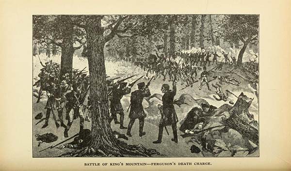 Depiction of the Battle of King's Mountain, "Ferguson's Death Charge", from Lyman Draper's 1929 history "King's Mountain and it's heroes". Published by Dauber & Pine, New York. (Originally published 1881 by P.G. Thompson, Cincinnati)