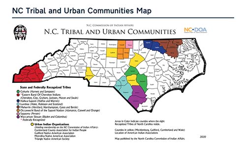 Map of N.C. Tribal and Urban Communities, from the N.C. Commission of Indian Affairs, 2020.
