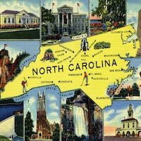 NC History Quiz. Modified image of a North Carolina novelty postcard, circa. 1930-1945.