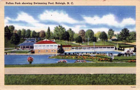 Postcard image of the swimming pool and carousel in background at Pullen Park, Raleigh, N.C., likely sometime after 1915. From NC Postacards, UNC-Chapel Hill.