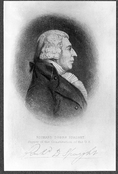 Engraving of Richard Dobbs Spaight. Spaight was the first governor of North Carolina to have been born in the state, as well as a congressman and signer of the U.S. Constitution. He was killed in 1802 during a duel with a political rival, John Stanly. Image courtesy of the Carolina Collection at UNC Libraries.  
