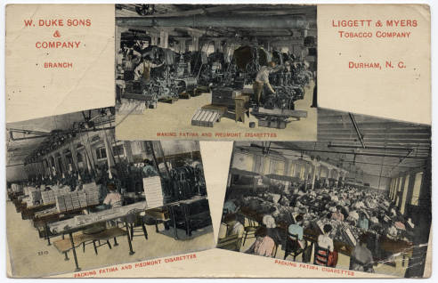Postcard collage of factory workers at W. Duke Sons & Company and Liggett & Myers Tobacco Company, ca. 1921. From NC Postcards, UNC-Chapel Hill.