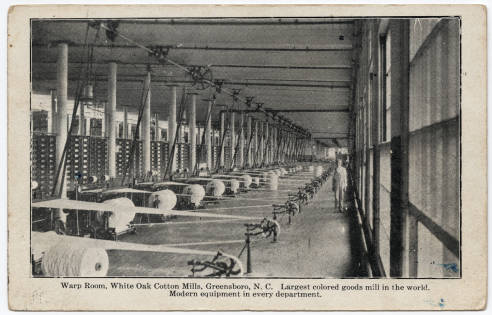 Postcard image of the Warp Room, White Oak Cotton Mills in Greensboro, N.C., ca. 1908. The image caption reads "Largest colored goods mill in the world. Modern equipment in every department." From NC Postcards, UNC-Chapel Hill.