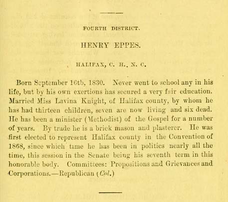 Image of biographical entry for Henry Eppes, from the "Tar heel sketch-book. A brief biographical sketch of the life and public acts of the members of the General assembly of North Carolina. Session of 1879". 