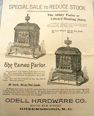 An undated flyer from the Odell Hardware Company of John M. Odell, advertising wood stoves. Image from the North Carolina Museum of History.