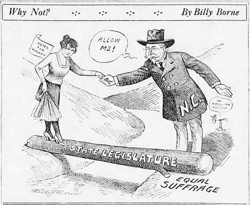 "Why Not?", political cartoon about women's suffrage, by Billy Borne, published in the Asheville Citizen, June 26, 1920.