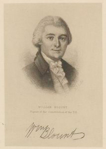 Print of Blount. He is wearing a wig, scarf, and coat. He is smiling.
