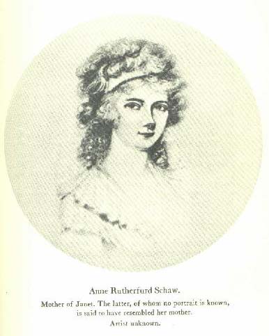 Portrait of Janet Sschaw's mother, Anne Rutherford Schaw, believed to be a good likeness of Janet. No known likeness of Janet Schaw is believed to exist. Artist unknown. Included in the 1939 publication of A Journal of A Lady of Quality, North Carolina Historical Publications.