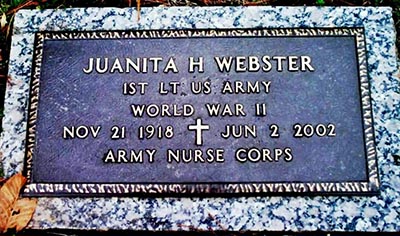 Photograph of Juanita Hartense Hamilton Webster's grave marker at the Blue Ridge Gardens of Memory, Transylvania County, North Carolina. By Patty McFerren-Blanton and JR Blanton, on Find A Grave.