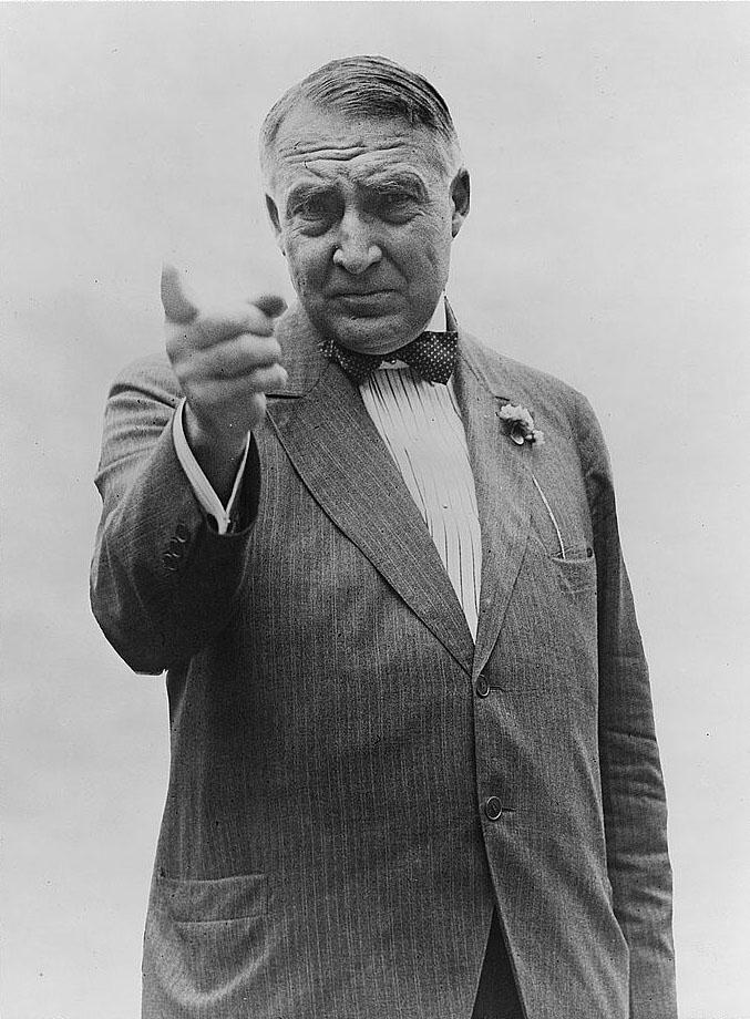 Warren G. Harding Warren G. Harding. Black and white. He is wearing a suit and pointing his finger at the camera. He has a furrowed brow and short hair. He has no facial hair.