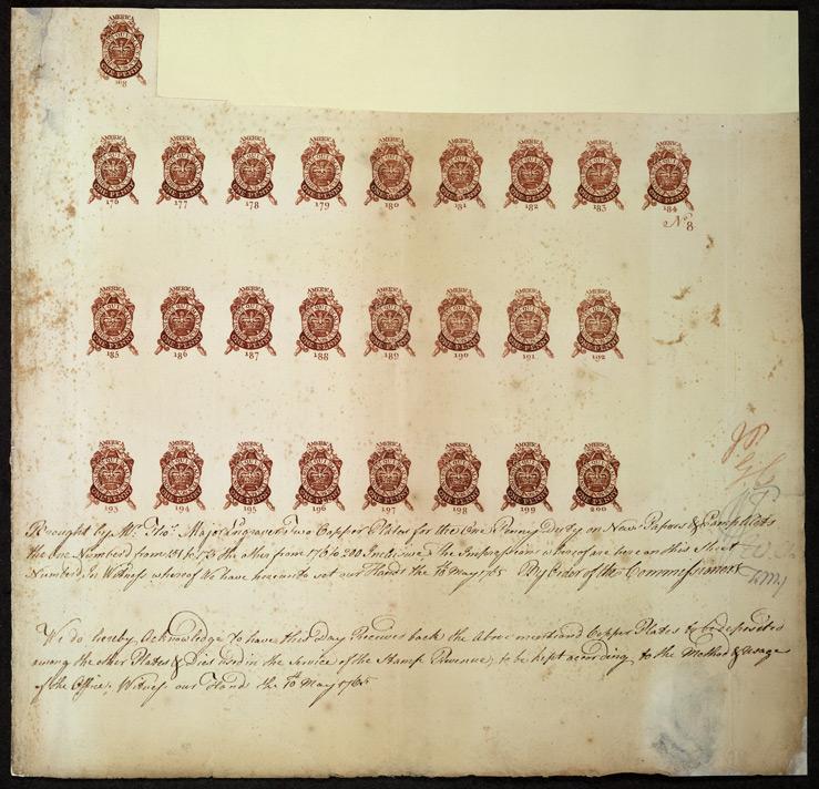 A proof sheet of one-penny stamps, submitted for approval to the Commissioners of Stamps by an engraver on May 10, 1765. Under the Stamp Act, one-penny stamps were to be used on newspapers, pamphlets and all other papers "larger than half a sheet and not exceeding one whole sheet."