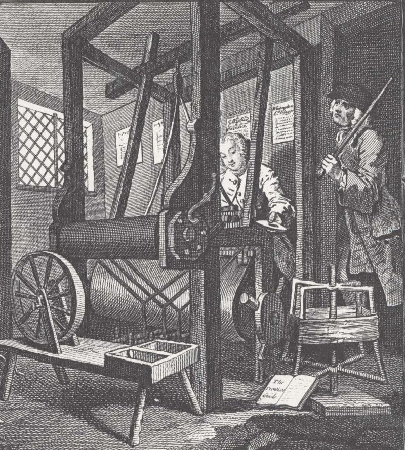 Weaving apprentice Weaving apprentice in a shop. He is being supervised while operating the machine. Black and white drawing in print.