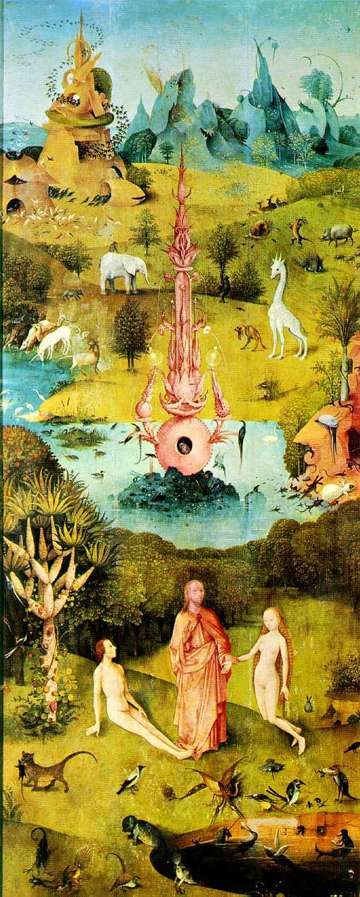 The Garden of Earthly Delights Depiction of the Garden of Eden. It is mythical and whimsical, with pastel colors illustrating humankind, their creator, and animals.