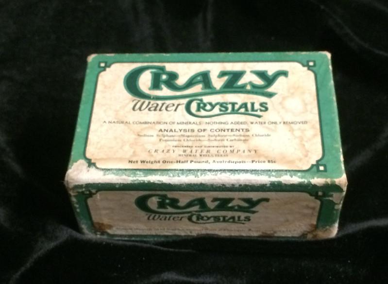 Crazy Water Crystals A box of Crazy Water Crystals. The border of the box is green.