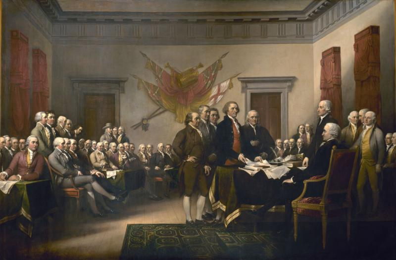 Declaration of Independence Declaration of Independence, by John Trumbull. Finished in 1818, Trumbull's 12 foot by 18 foot painting depicted the moment in 1776 when the first draft of the Declaration was presented to the Second Continental Congress.