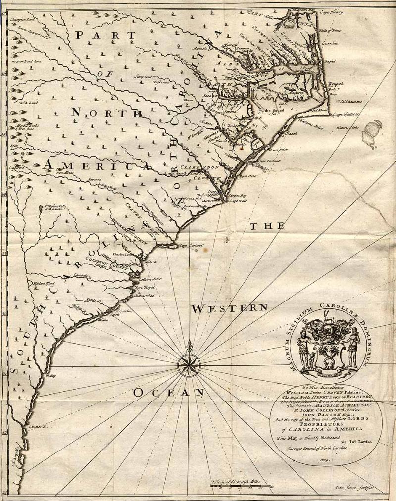 John Lawson's 1709 map of North Carolina. 