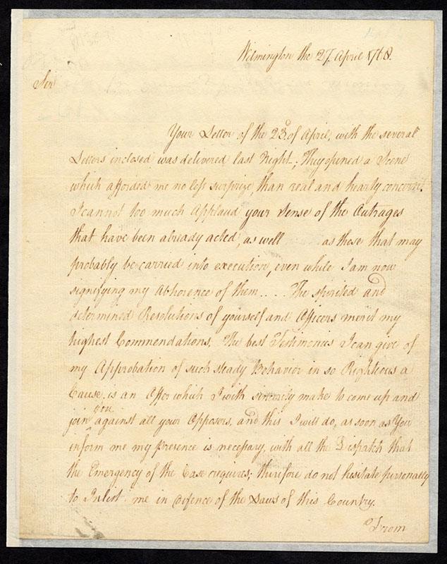 Letter from Governor William Tryon to Edmund Fanning, April 27, 1768 Image of the original letter from Governor William Tryon to Edmund Fanning, April 27, 1768. Tryon responds to Fanning's report on the activities of the Regulators. This letter is in the collection of the State Archives of North Carolina.